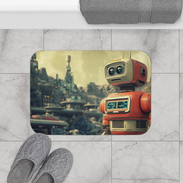 Retro Robot in Vintage Sci-Fi World (Edition III) — 61×43 Memory Foam Bath Mat — Modern Bathroom Floor Lifestyle View
