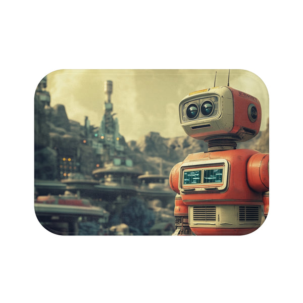 Retro Robot in Vintage Sci-Fi World (Edition III) — 61×43 Memory Foam Bath Mat — Top-Down Velvet Microfibre Artwork View