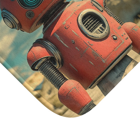 Retro Robot in Vintage Sci-Fi World (Edition IV) — 61×43 Memory Foam Bath Mat — Cushioned Memory Foam & Microfibre Close-Up