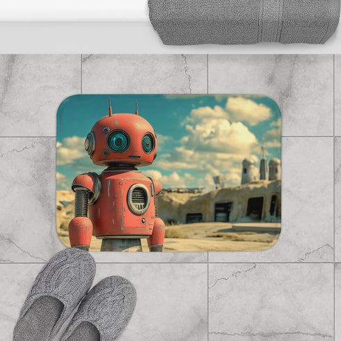 Retro Robot in Vintage Sci-Fi World (Edition IV) — 61×43 Memory Foam Bath Mat — Modern Bathroom Floor Lifestyle View