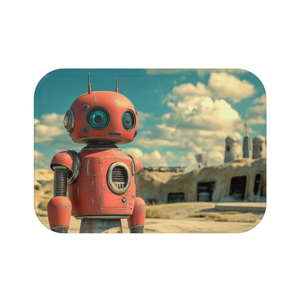 Retro Robot in Vintage Sci-Fi World (Edition IV) — 61×43 Memory Foam Bath Mat — Top-Down Velvet Microfibre Artwork View