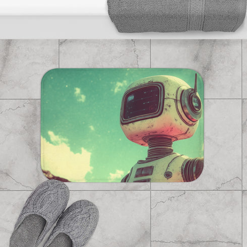 Retro Robot in Vintage Sci-Fi World — 61×43 Memory Foam Bath Mat — Modern Bathroom Floor Lifestyle View