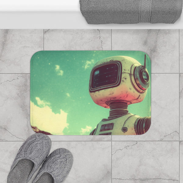 Retro Robot in Vintage Sci-Fi World — 61×43 Memory Foam Bath Mat — Modern Bathroom Floor Lifestyle View