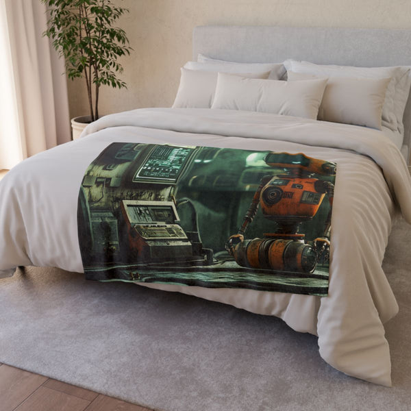 A Retro Robot in a Vintage Sci Fi Scene — Plush Fleece Throw Blanket — Drape over Sofa & Bed Lifestyle View