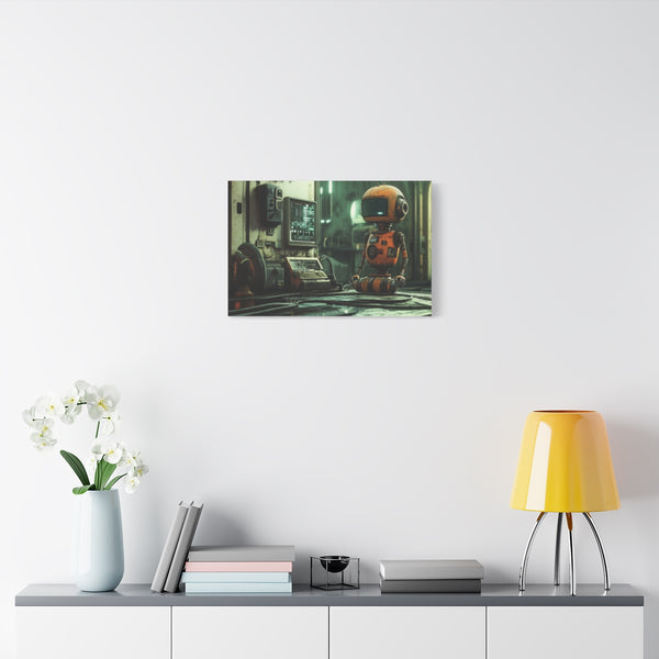 A Retro Robot in a Vintage Sci Fi Scene — Stretched Canvas Wall Art — Living Room Wall Lifestyle View