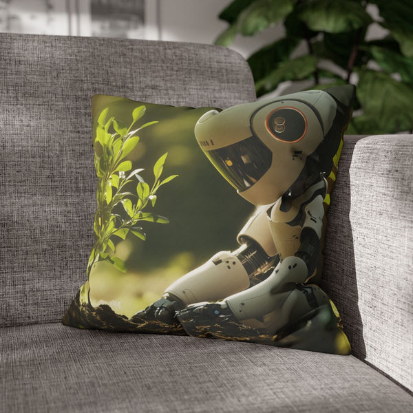 A Robot Child Planting a Real Tree — Double-Sided Cushion Cover — Sofa & Armchair Living Room Lifestyle View