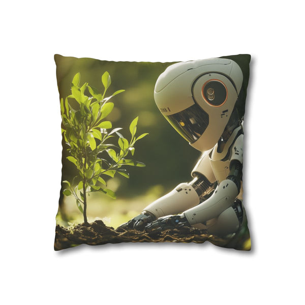 A Robot Child Planting a Real Tree — Double-Sided Cushion Cover — Front Double-Sided Cushion View