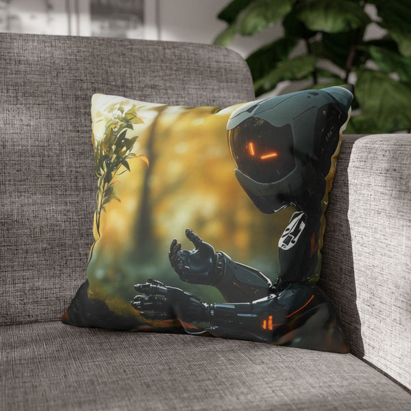 A Robot Child Planting a Real Tree (Edition II) — Double-Sided Cushion Cover — Sofa & Armchair Living Room Lifestyle View