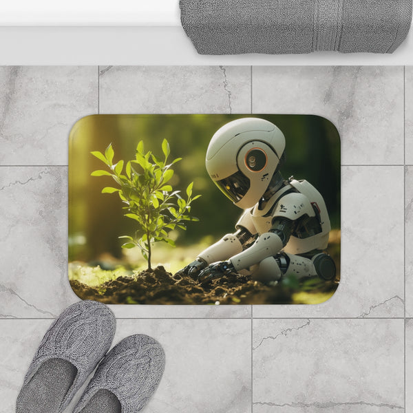 A Robot Child Planting a Real Tree (Edition II) — Memory Foam Bath Mat — Modern Bathroom Floor Lifestyle View