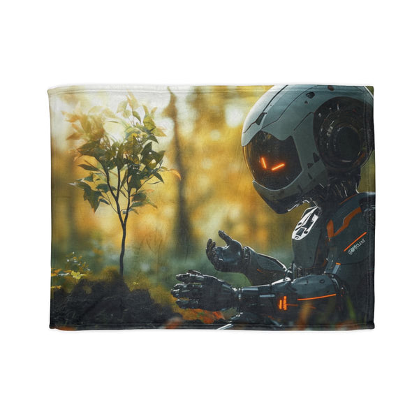 A Robot Child Planting a Real Tree (Edition II) — Plush Fleece Throw Blanket — Full Spread Plush Fleece Artwork View