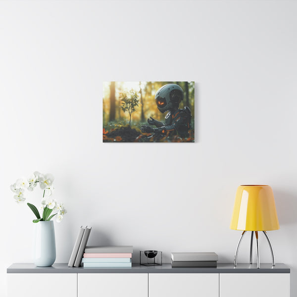 A Robot Child Planting a Real Tree (Edition II) — Stretched Canvas Wall Art — Living Room Wall Lifestyle View