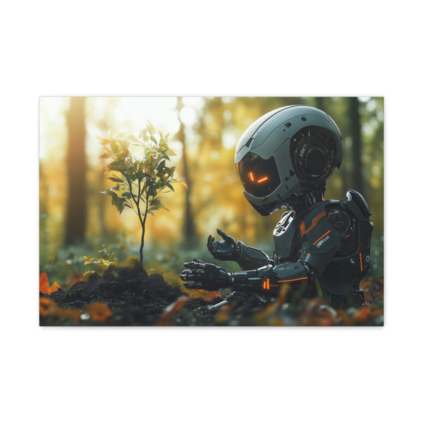 A Robot Child Planting a Real Tree (Edition II) — 24×16 Canvas Wall Art — Front Gallery-Wrapped Canvas View