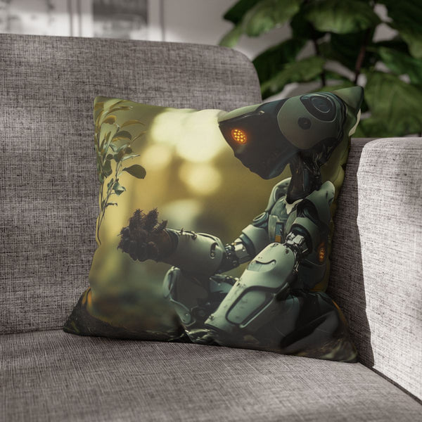 A Robot Child Planting a Real Tree (Edition III) — Double-Sided Cushion Cover — Sofa & Armchair Living Room Lifestyle View