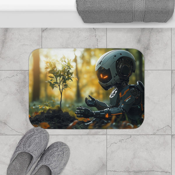 A Robot Child Planting a Real Tree (Edition III) — Memory Foam Bath Mat — Modern Bathroom Floor Lifestyle View