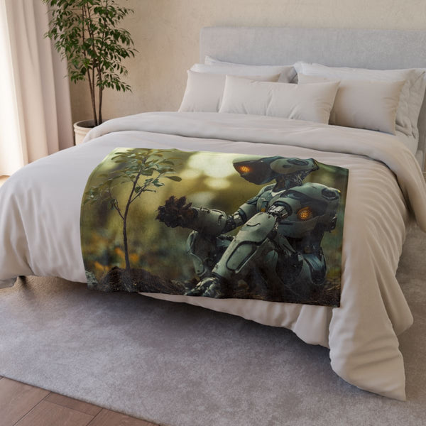 A Robot Child Planting a Real Tree (Edition III) — Plush Fleece Throw Blanket — Drape over Sofa & Bed Lifestyle View