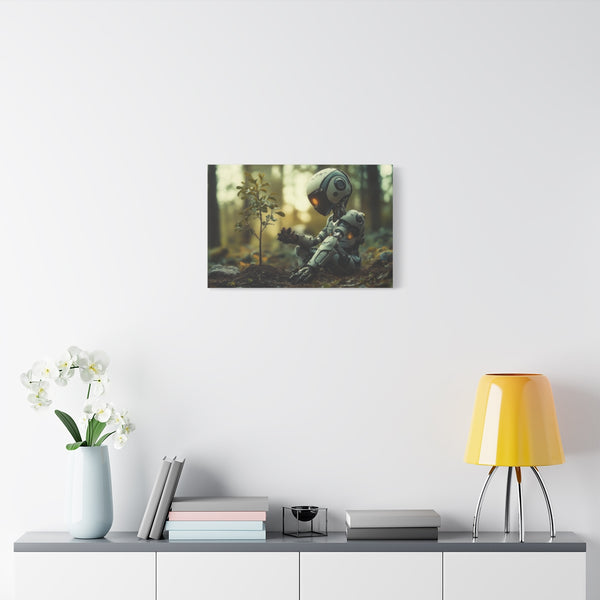 A Robot Child Planting a Real Tree (Edition III) — Stretched Canvas Wall Art — Living Room Wall Lifestyle View