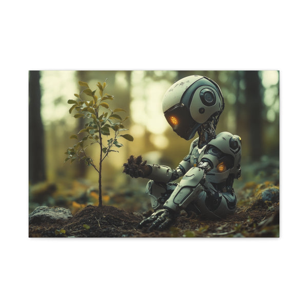 A Robot Child Planting a Real Tree (Edition III) — 24×16 Canvas Wall Art — Front Gallery-Wrapped Canvas View