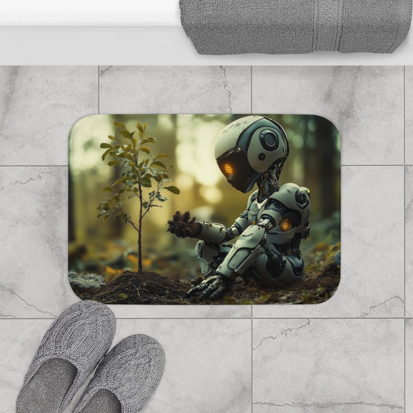 A Robot Child Planting a Real Tree (Edition IV) — Memory Foam Bath Mat — Modern Bathroom Floor Lifestyle View
