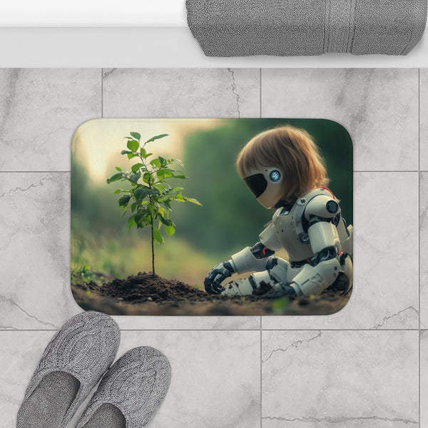 A Robot Child Planting a Real Tree — Memory Foam Bath Mat — Modern Bathroom Floor Lifestyle View