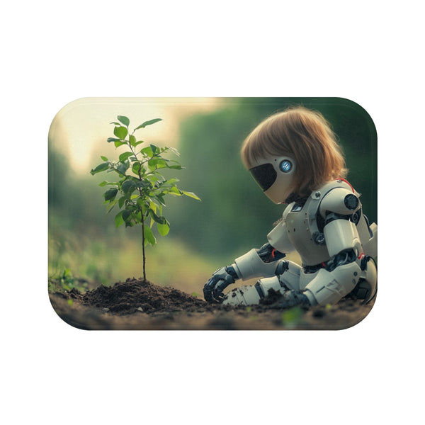 A Robot Child Planting a Real Tree — Memory Foam Bath Mat — Top-Down Memory Foam Bath Mat View