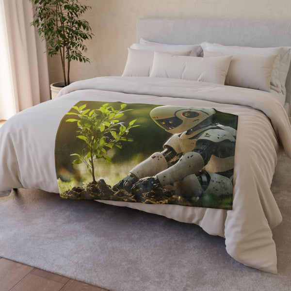 A Robot Child Planting a Real Tree — Plush Fleece Throw Blanket — Drape over Sofa & Bed Lifestyle View