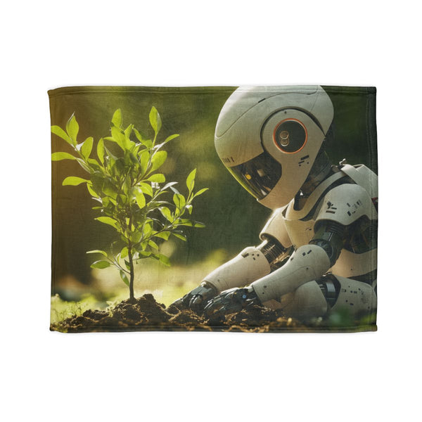 A Robot Child Planting a Real Tree — Plush Fleece Throw Blanket — Full Spread Plush Fleece Artwork View