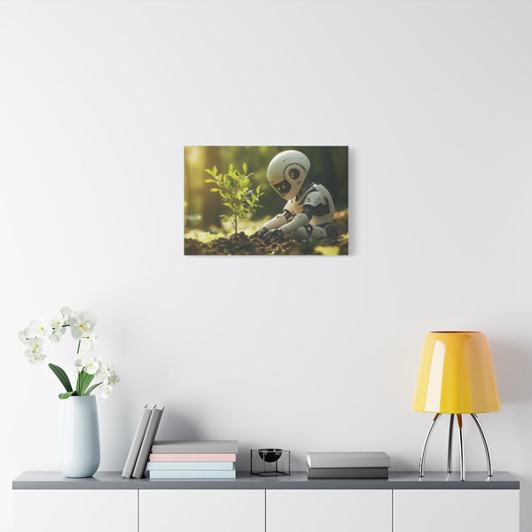 A Robot Child Planting a Real Tree — Stretched Canvas Wall Art — Living Room Wall Lifestyle View