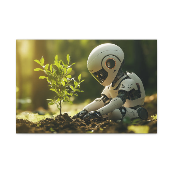 A Robot Child Planting a Real Tree — 24×16 Canvas Wall Art — Front Gallery-Wrapped Canvas View