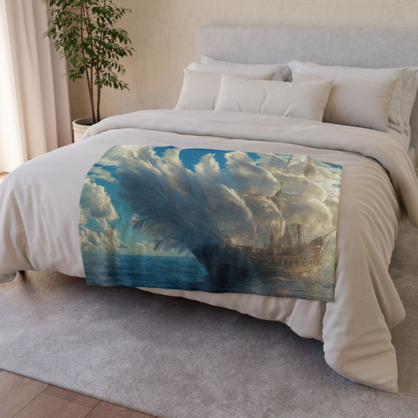 A Ship Made of Feathers on the Ocean (Edition II) — Plush Fleece Throw Blanket — Drape over Sofa & Bed Lifestyle View