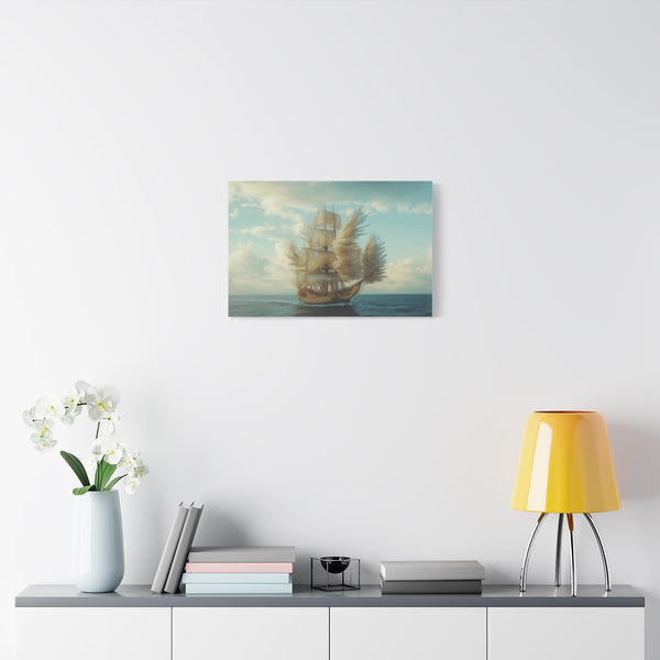A Ship Made of Feathers on the Ocean (Edition III) — Stretched Canvas Wall Art — Living Room Wall Lifestyle View