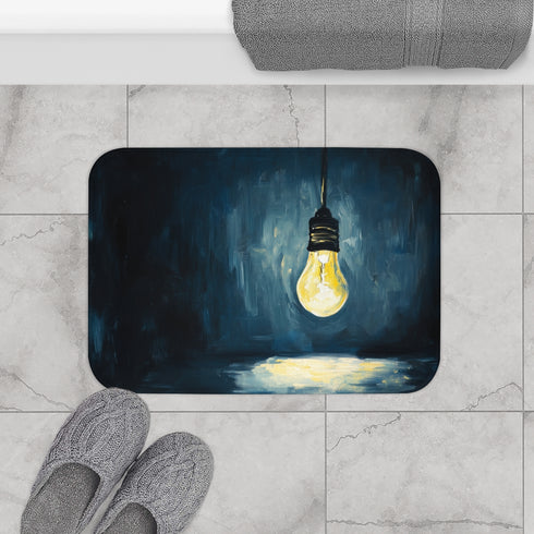 Glowing Edison Lightbulb in Dark Room (Edition II) — 61×43 Memory Foam Bath Mat — Modern Bathroom Floor Lifestyle View