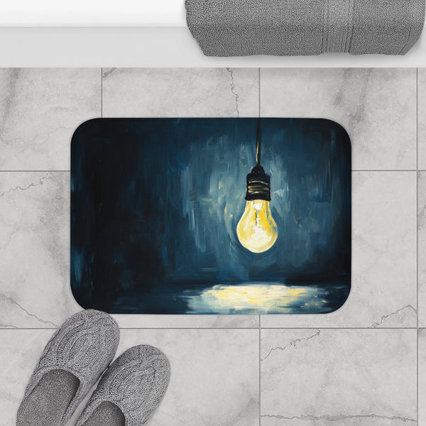 Glowing Edison Lightbulb in Dark Room (Edition II) — 61×43 Memory Foam Bath Mat — Modern Bathroom Floor Lifestyle View