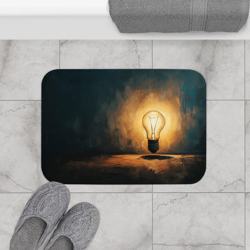 Glowing Edison Lightbulb in Dark Room (Edition III) — 61×43 Memory Foam Bath Mat — Modern Bathroom Floor Lifestyle View