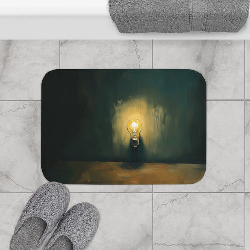 Glowing Edison Lightbulb in Dark Room (Edition V) — 61×43 Memory Foam Bath Mat — Modern Bathroom Floor Lifestyle View