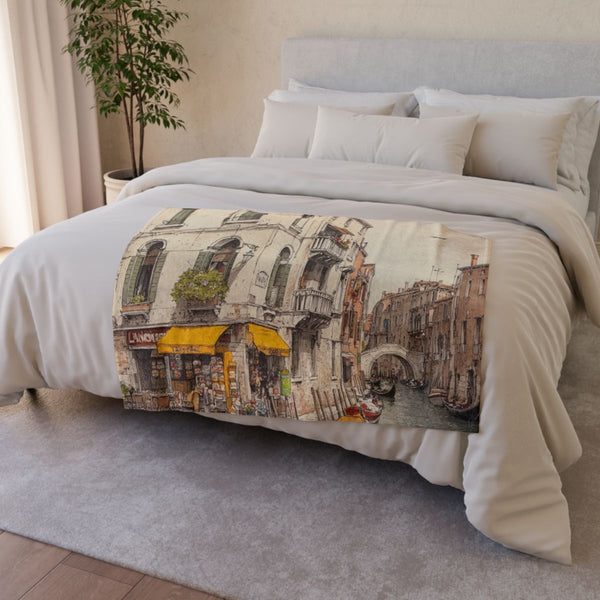 A Sketch of a Romantic Italian Venice Scene Depictin — Plush Fleece Throw Blanket — Drape over Sofa & Bed Lifestyle View