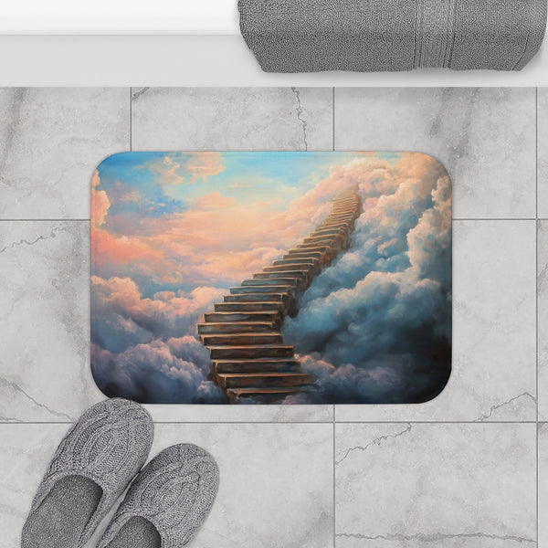 Surreal Staircase Ascending to Clouds (Edition II) — 61×43 Memory Foam Bath Mat — Modern Bathroom Floor Lifestyle View