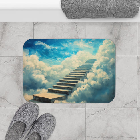 Surreal Staircase Ascending to Clouds (Edition III) — 61×43 Memory Foam Bath Mat — Modern Bathroom Floor Lifestyle View