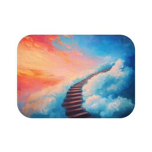 Surreal Staircase Ascending to Clouds — 61×43 Memory Foam Bath Mat — Top-Down Velvet Microfibre Artwork View