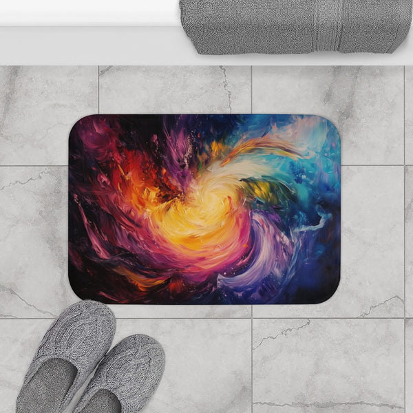 Dynamic Swirling Prismatic Color Vortex (Edition III) — 61×43 Memory Foam Bath Mat — Modern Bathroom Floor Lifestyle View