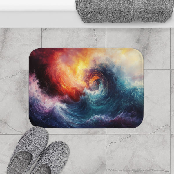 Dynamic Swirling Prismatic Color Vortex (Edition IV) — 61×43 Memory Foam Bath Mat — Modern Bathroom Floor Lifestyle View