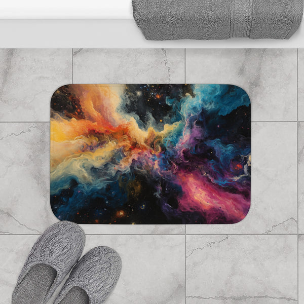 Dynamic Swirling Prismatic Color Vortex (Edition V) — 61×43 Memory Foam Bath Mat — Modern Bathroom Floor Lifestyle View