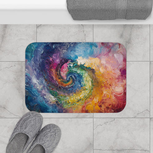 Dynamic Swirling Prismatic Color Vortex (Edition VII) — 61×43 Memory Foam Bath Mat — Modern Bathroom Floor Lifestyle View