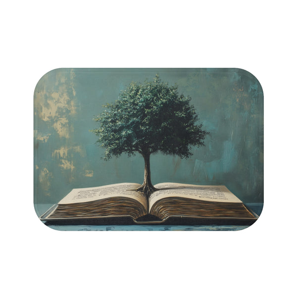 A Tree Growing Out of a Book Representing the Power — 61×43 Memory Foam Bath Mat — Top-Down Velvet Microfibre Artwork View
