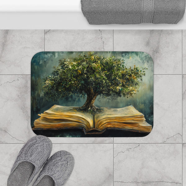 A Tree Growing Out of a Book Representing the Power — 61×43 Memory Foam Bath Mat — Modern Bathroom Floor Lifestyle View