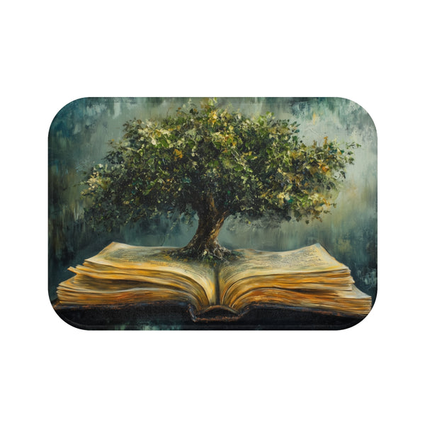 A Tree Growing Out of a Book Representing the Power — 61×43 Memory Foam Bath Mat — Top-Down Velvet Microfibre Artwork View