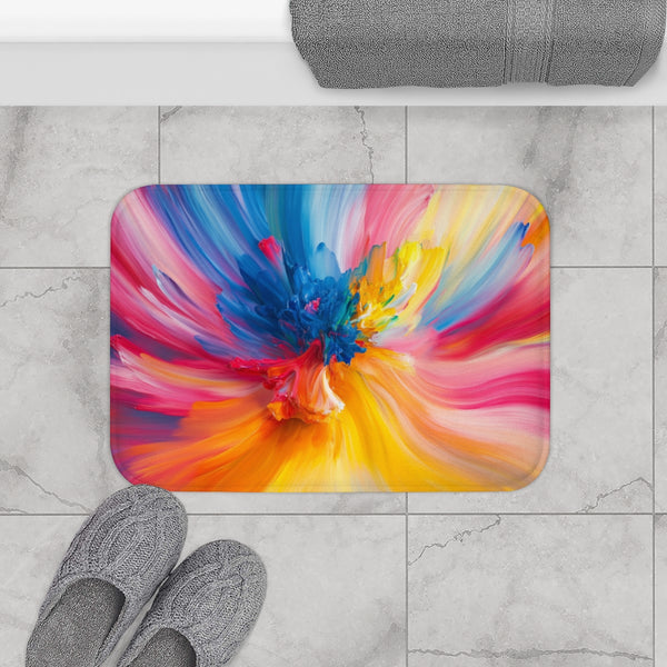 A Vibrant Abstract Painting Bursting with Color And — 61×43 Memory Foam Bath Mat — Modern Bathroom Floor Lifestyle View