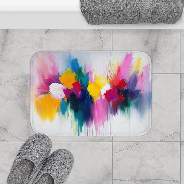 A Vibrant Abstract Painting Bursting with Color And — 61×43 Memory Foam Bath Mat — Modern Bathroom Floor Lifestyle View