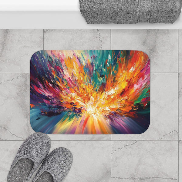 A Vibrant Abstract Painting Bursting with Color And — 61×43 Memory Foam Bath Mat — Modern Bathroom Floor Lifestyle View