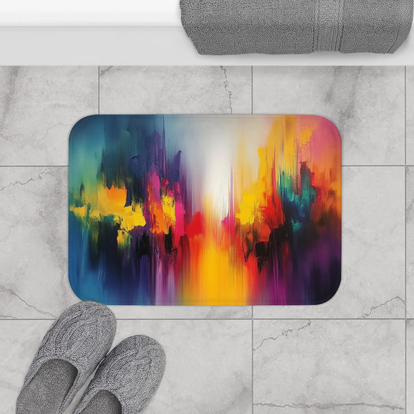 A Vibrant Abstract Painting Bursting with Color And — 61×43 Memory Foam Bath Mat — Modern Bathroom Floor Lifestyle View
