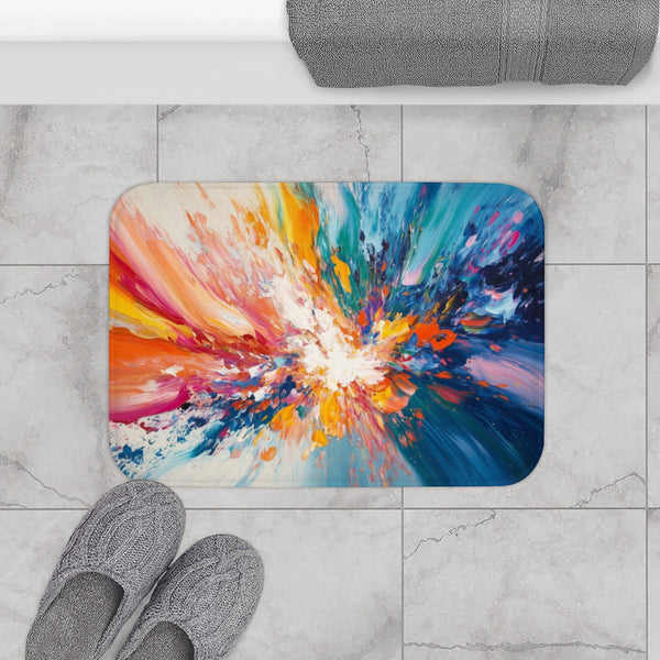 A Vibrant Abstract Painting Bursting with Color And — 61×43 Memory Foam Bath Mat — Modern Bathroom Floor Lifestyle View